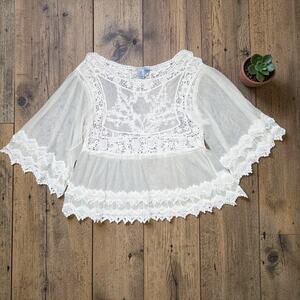 PINK MELO White Lace Wide Flare Sleeve Top Shirt Blouse S